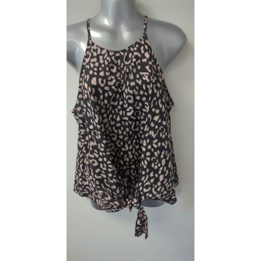 Animal Print Tie Front Halter Top‎ Sleeveless Casual Blouse Tank